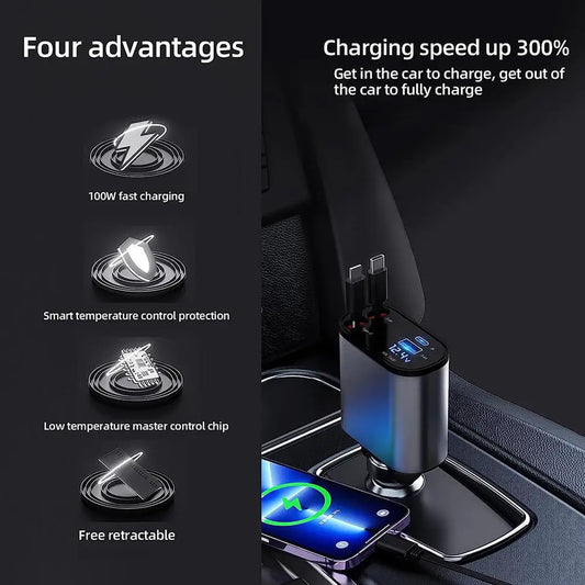 100W 4 in 1 Retractable Car Charger USB Type C Cable for Iphone Fast Charge Cord Cigarette Lighter Adapter